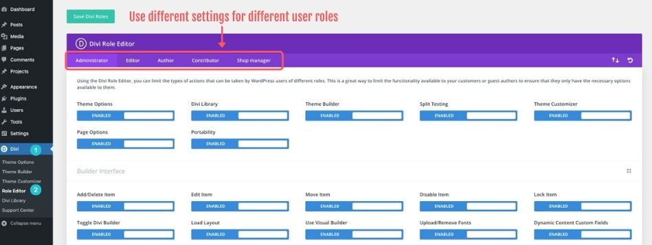 Choose user roles in the Divi Role Editor